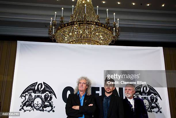 Brian May , Adam Lambert and Roger Taylor attend a photocall on the occasion of the musical project 'Queen & Adam Lambert' at Ritz Carlton on...