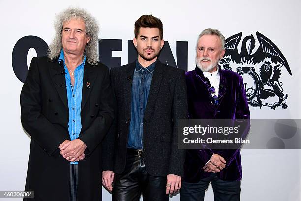 Brian May, Adam Lambert and Roger Taylor attend a photocall on the occasion of the musical project 'Queen & Adam Lambert' at Ritz Carlton on December...