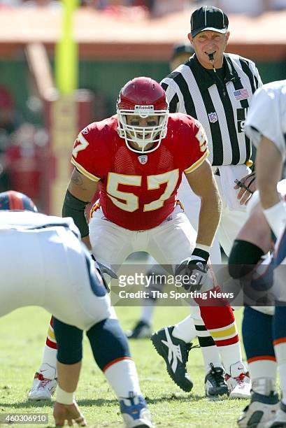 Mike Maslowski of the Kansas City Chiefs at the line of scrimmage during a game against the Denver Broncos on October 5, 2003 at Arrowhead Stadium in...