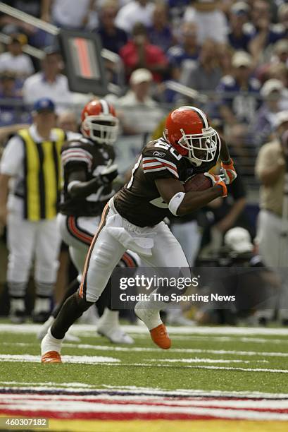 Earl Little of the Cleveland Browns runs with the ball during a game against the Baltimore Ravens on September 14, 2003 at M&T Bank Stadium in...