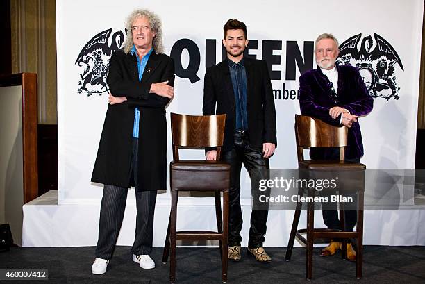 Brian May, Adam Lambert and Roger Taylor attend a photocall on the occasion of the musical project 'Queen & Adam Lambert' at Ritz Carlton on December...