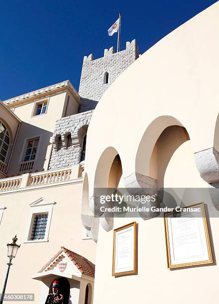 The official announcement of the birth of the royal twins Prince Jacques and Princess Gabriella hangs on the outside wall of the Monaco Palace on...