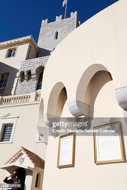 The official announcement of the birth of the royal twins Prince Jacques and Princess Gabriella hangs on the outside wall of the Monaco Palace on...