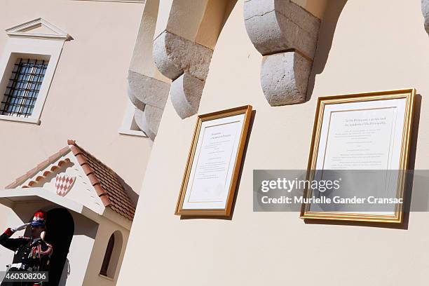 The official announcement of the birth of the royal twins Prince Jacques and Princess Gabriella hangs on the outside wall of the Monaco Palace on...