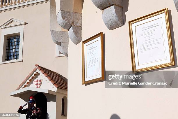 The official announcement of the birth of the royal twins Prince Jacques and Princess Gabriella hangs on the outside wall of the Monaco Palace on...