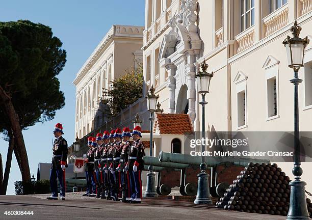 Palace guards parade outside the Monaco Palace the day after the birth of the royal twins Prince Jacques and Princess Gabriella on December 11, 2014...