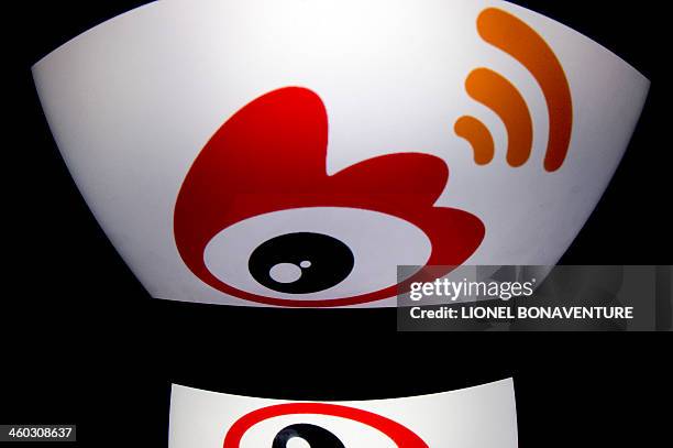 The chinese app Weibo's logo is displayed on a tablet on January 2, 2014 in Paris. AFP PHOTO / LIONEL BONAVENTURE