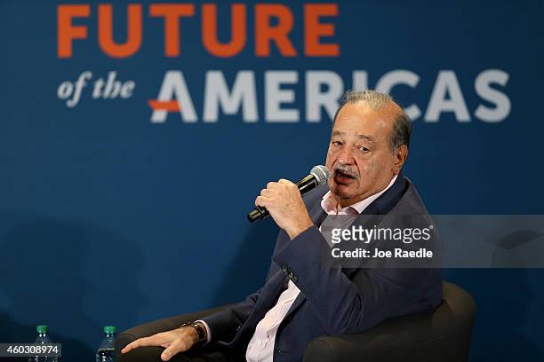 Carlos Slim, Chairman, Grupo Carso attends the Clinton Foundations Future of the Americas summit at the University of Miami on December 11, 2014 in...