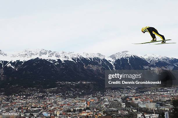 Noriaki Kasai of Japan soars through the air during his second training jump on day 1 of the Four Hills Tournament event at Bergisel on January 3,...