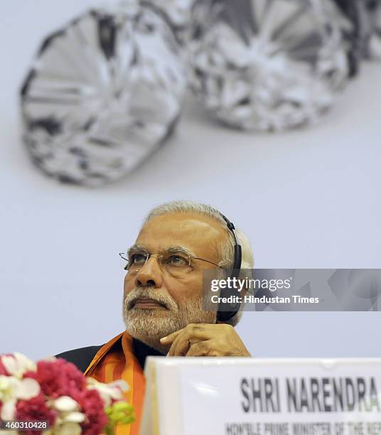 Indian Prime Minister Narendra Modi during the inauguration of the World Diamond Conference at Vigyan Bhawan on December 11, 2014 in New Delhi,...