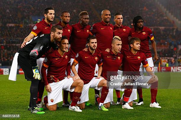 Roma team line up before the UEFA Champions League Group E match between AS Roma and Manchester City FC at Stadio Olimpico on December 10, 2014 in...