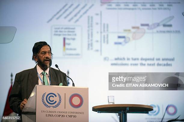 Nobel Peace Prize 2007 Indian Rajendra Pachauri, head of the UN panel of climate scientists, speaks during a high level meeting at UN COP20 and CMP10...