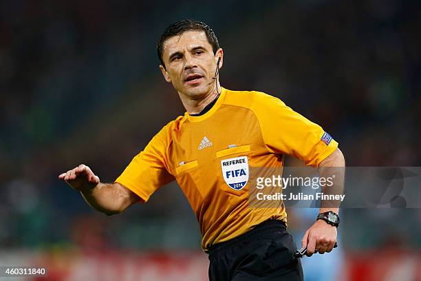 Referee, Milorad Mazic looks on during the UEFA Champions League Group E match between AS Roma and Manchester City FC at Stadio Olimpico on December...