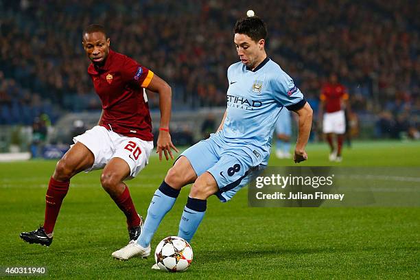 Samir Nasri of Manchester City in action with Seydou Keita of AS Roma during the UEFA Champions League Group E match between AS Roma and Manchester...