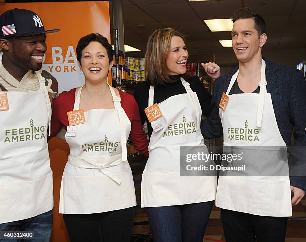 Cent, Ellie Krieger, Savannah Guthrie and Andy Grammer attend Feeding America Hosts Bi-Coastal Celebrity Volunteer Event at the Food Bank For New...