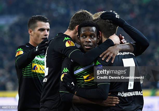 Patrick Herrmann of Borussia Moenchengladbach celebrates with team mates as he scores the opening goal during the UEFA Europa League group stage...