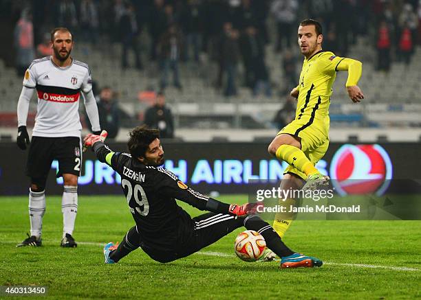 Roberto Soldado of Spurs is foiled by goalkeeper Tolga Zengin of Besiktas during the UEFA Europa League Group C match between Besiktas JK and...