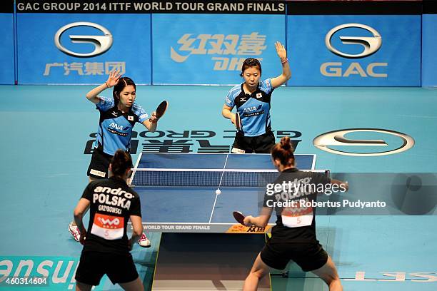 Ai Fukuhara and Misako Wakamiya of Japan compete against Grybowska Katarzyna and Partyka Natalia of Polandia during Women's double quarter final of...