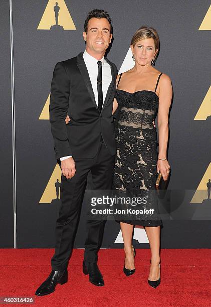Actor Justin Theroux and actress Jennifer Aniston arrive at the Academy Of Motion Picture Arts And Sciences' Governors Awards at The Ray Dolby...