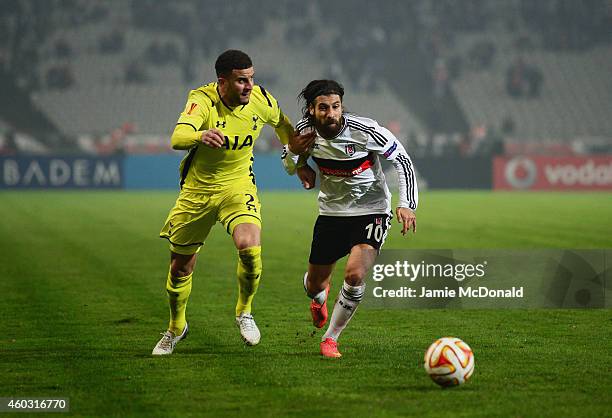 Kyle Walker of Spurs takes on Olcay Sahan of Besiktas during the UEFA Europa League Group C match between Besiktas JK and Tottenham Hotspur FC at...