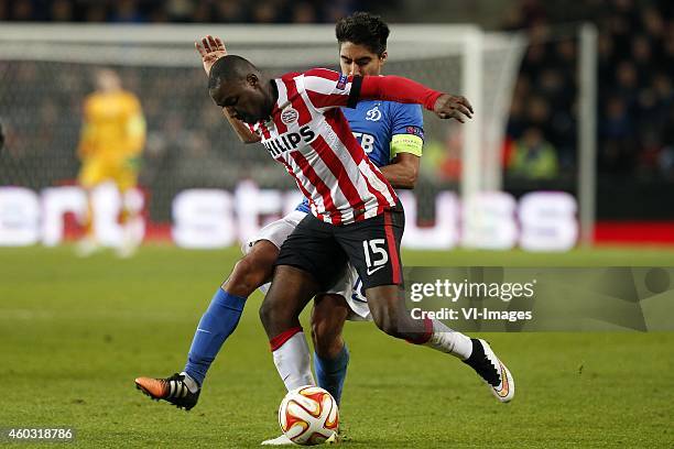 , Jetro Willems of PSV, Christian Noboa of Dinamo Moscow during the UEFA Europa League group match between PSV Eindhoven and Dinamo Moscow on...