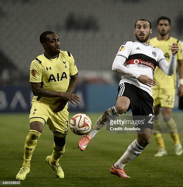 Danny Rose of Tottenham Hotspur vies for the ball with Cenk Tosun of Besiktas during the UEFA Europa League Group C match between Besiktas JK and...