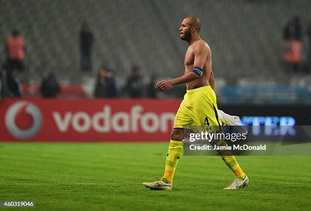 Younes Kaboul of Spurs looks dejected in defeat after the UEFA Europa League Group C match between Besiktas JK and Tottenham Hotspur FC at Ataturk...