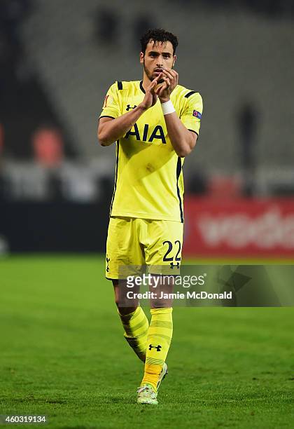 Nacer Chadli of Spurs applauds the travelling fans after defeat in the UEFA Europa League Group C match between Besiktas JK and Tottenham Hotspur FC...