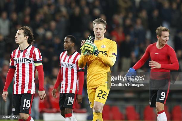 , Andres Guardado of PSV, Florian Jozefzoon of PSV, Goalkeeper Remko Pasveer of PSV, Luuk de Jong of PSV during the UEFA Europa League group match...