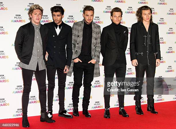Niall Horan, Zayn Malik, Liam Payne, Louis Tomlinson, and Harry Styles of One Direction attends the BBC Music Awards at Earl's Court Exhibition...