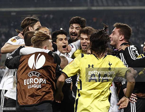 Players of Besiktas celebrate their victory against Tottenham Hotspur after the UEFA Europa League Group C match between Besiktas JK and Tottenham...