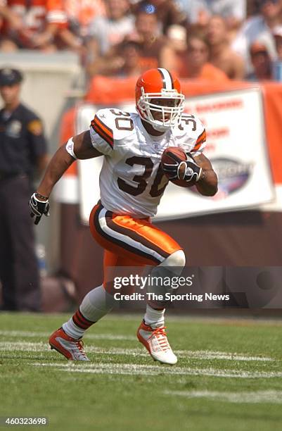 Jamel White of the Cleveland Browns runs with the ball during a game against the Indianapolis Colts on September 08, 2003 at the Cleveland Browns...