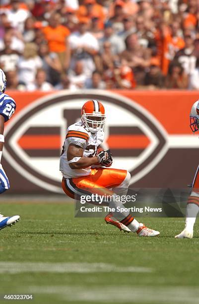 Jamel White of the Cleveland Browns runs with the ball during a game against the Indianapolis Colts on September 08, 2003 at the Cleveland Browns...