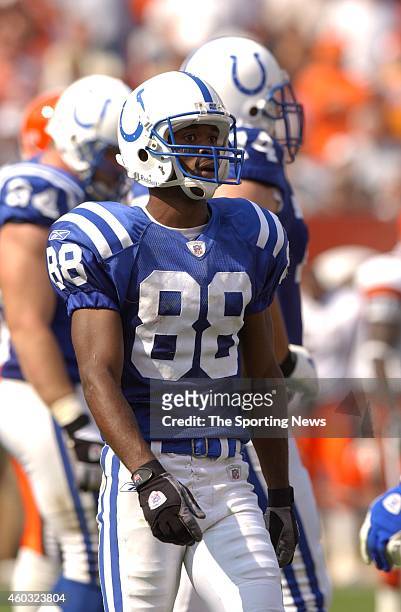 Marvin Harrison of the Indianapolis Colts standing on the field during a game against the Cleveland Browns on September 08, 2003 at the Cleveland...