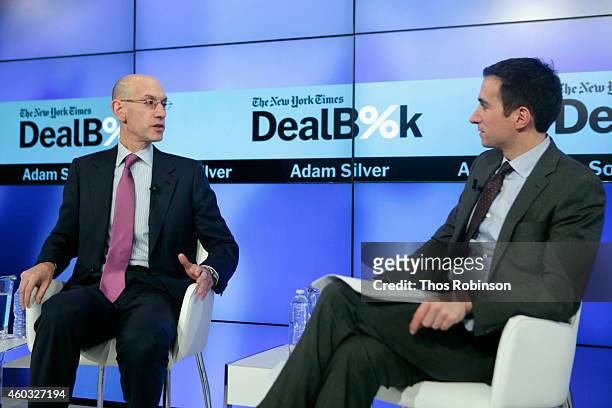 Commissioner Adam Silver and DealBook founder and editor-at-large Andrew Ross Sorkin speak onstage during The New York Times DealBook Conference at...