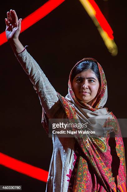 Nobel Peace Prize winner Malala Yousafzai of Pakistan speaks to the audience during the Nobel Peace Prize concert at Oslo Spektrum on December 11,...