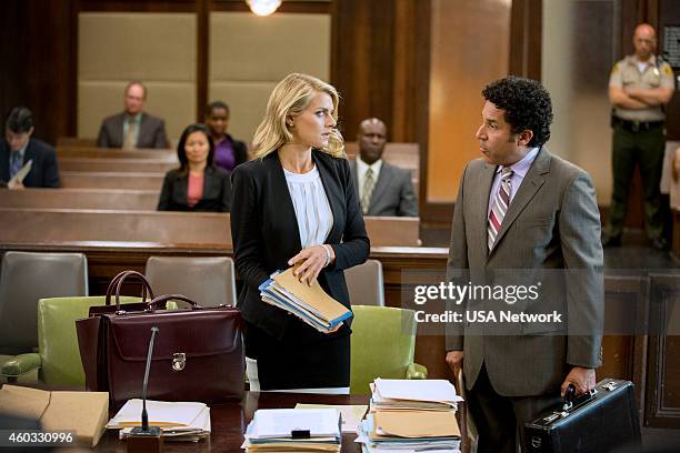 New Development" Episode 108 -- Pictured: Eliza Coupe as Nina, Oscar Nunez as Carlos --