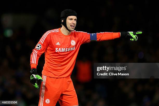 Petr Cech of Chelsea directs his defence during the UEFA Champions League group G match between Chelsea and Sporting Clube de Portugal at Stamford...