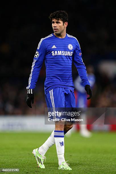 Diego Costa of Chelsea looks on during the UEFA Champions League group G match between Chelsea and Sporting Clube de Portugal at Stamford Bridge on...