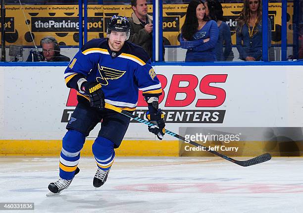 Patrik Berglund of the St. Louis Blues warms up prior to a game against the New York Islanders on December 11, 2014 at Scottrade Center in St. Louis,...