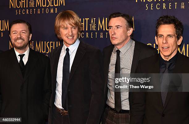Actors Ricky Gervais, Owen Wilson, Steve Coogan and Ben Stiller attend the "Night At The Museum: Secret Of The Tomb" New York Premiere at Ziegfeld...