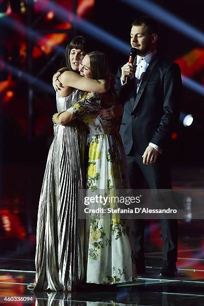 Victoria Cabello, Ilaria Rastrelli and Alessandro Cattelan attend X Factor Italia Tv Show on December 11, 2014 in Milan, Italy.