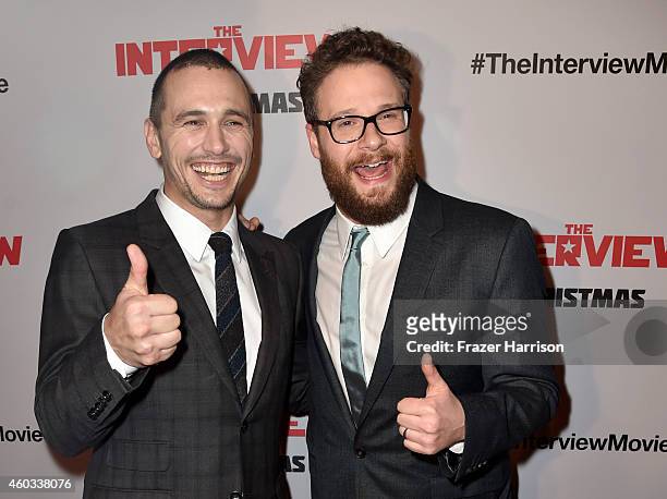 Actors James Franco and Seth Rogen attend the premiere Of Columbia Pictures' "The Interview" at The Theatre at Ace Hotel Downtown LA on December 11,...