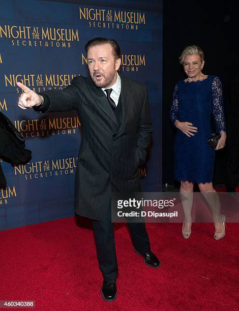 Ricky Gervais and Jane Fallon attend the "Night At The Museum: Secret Of The Tomb" New York Premiere at the Ziegfeld Theater on December 11, 2014 in...