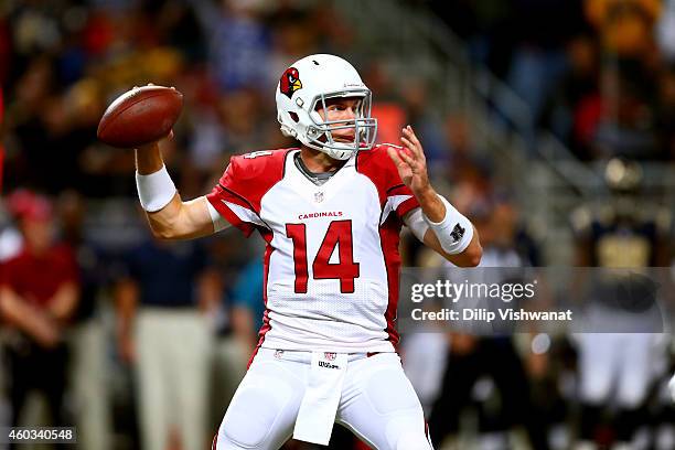 Ryan Lindley of the Arizona Cardinals throws a pass in the fourth quarter against the St. Louis Rams during their game at Edward Jones Dome on...