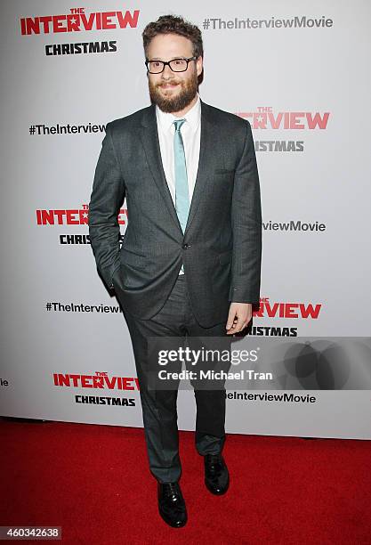 Seth Rogen arrives at the Los Angeles premiere of "The Interview" held at The Theatre at Ace Hotel Downtown LA on December 11, 2014 in Los Angeles,...