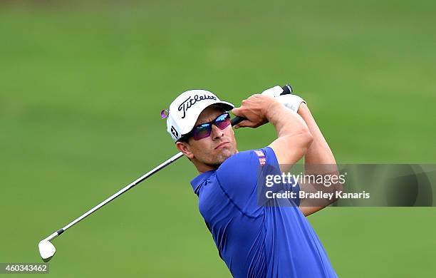 Adam Scott of Australia plays a shot on the 6th hole during day two of the 2014 Australian PGA Championship at Royal Pines Resort on December 12,...