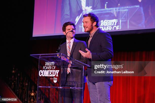 Actors Adam Scott and Chris Pratt speak onstage at Variety's 5th annual Power of Comedy presented by TBS benefiting the Noreen Fraser Foundation at...