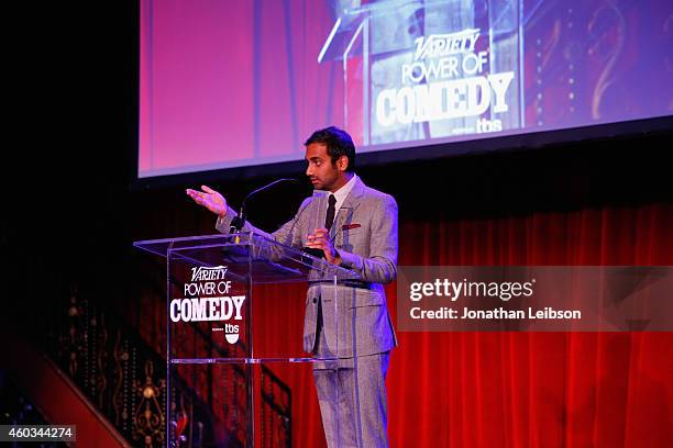 Honoree Aziz Ansari speaks onstage at Variety's 5th annual Power of Comedy presented by TBS benefiting the Noreen Fraser Foundation at The Belasco...