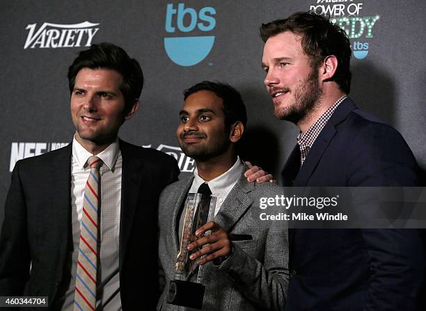 Actor Adam Scott, honoree Aziz Ansari and actor Chris Pratt attend Variety's 5th annual Power of Comedy presented by TBS benefiting the Noreen Fraser...